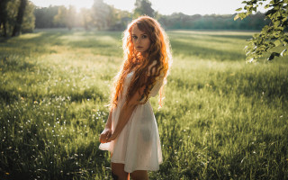 Red haired woman field portrait 3 - her pocket free wallpaper
