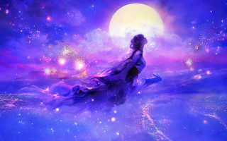 Woman dress fireworks moon aurora - dreamlike free wallpaper