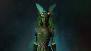 Green haired woman glowing eyes - biopunk free wallpaper