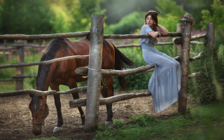 Woman blue dress fence horse 2 - anka zhuravleva free wallpaper for desktop
