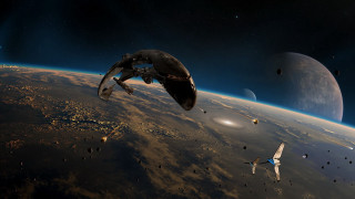 Space station flying over planet 3 - scifi free wallpaper