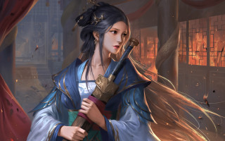 Woman blue dress sword red - a blue dress holding free wallpaper