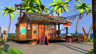 Wooden shack beach ocean palm - pixar style free wallpaper