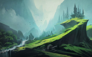 Mountain waterfall castle birds fantasy - andreas rocha free wallpaper