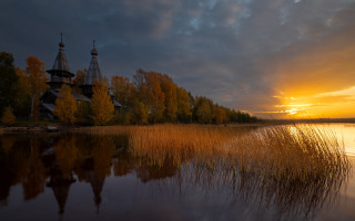 Lake church sunset clouds autumn - autumn free wallpaper