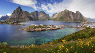 Island bridge boats mountains landscape - a bridge over free wallpaper for desktop