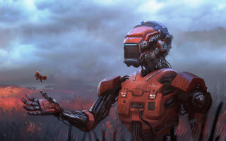 Robot butterfly field cyberpunk glowing - a robot holding free wallpaper
