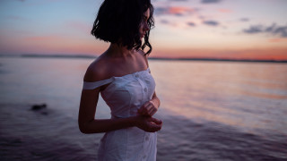 Woman beach sunset white dress - the background and a body of water free wallpaper