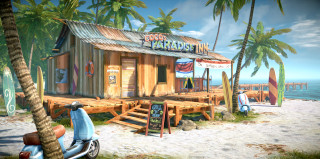 Beach shack scooter man standing - cgstudio free wallpaper