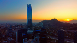 City skyline sunset tower mountain - cubofuturism free wallpaper