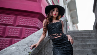 Black dress hat stairs fashion - a black dress and hat free wallpaper