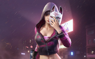 Purple hoodie catmask night rain - character art free wallpaper for desktop
