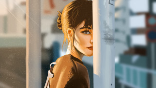 Woman leaning pole aurora fireworks - atey ghailan free wallpaper