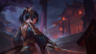 Dark oriental woman sword pagoda - dai jin free wallpaper