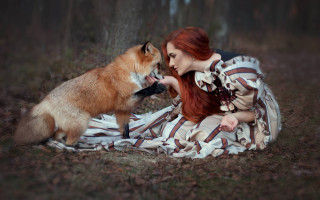 Woman dress petting dog woods - a blanket free wallpaper