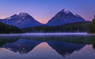 Mountain lake reflection sunset misty - symmetrical balance free wallpaper