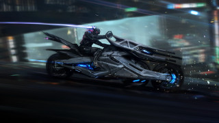 Futuristic motorcycle neon city cyberpunk - side and a person free wallpaper