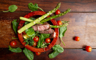 Bowl vegetables meat wooden table - delaunay free wallpaper