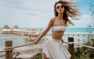 Woman white bikini ropes ocean - the wind free wallpaper