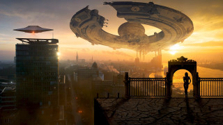Balcony city sunset giant object - free sci-fi wallpaper