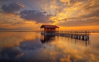 Wooden dock house sunset clouds - a small house free wallpaper