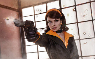 Woman black jacket gun yellow - a black jacket holding free wallpaper