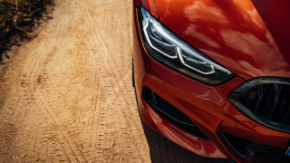 Red car dirt road forest - a few leaf free wallpaper