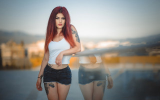Red hair tattoos beach portrait - her arm free wallpaper for desktop