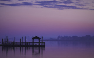 Lake dock gazebo dusk cityscape - dusk free wallpaper