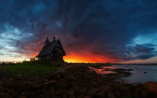 Rocky shore house sunset mystical - andrey ryabovichev free wallpaper for desktop