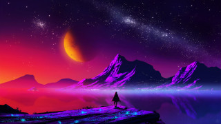 Starry sky cliff astronaut mountains - synthwave style free wallpaper for desktop