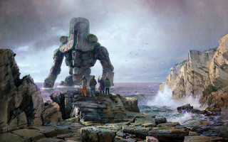 Giant robot cliff ocean people - art greg rutkowski free wallpaper