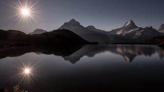 Mountain lake sunset moonlight landscape - shining free wallpaper