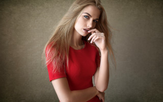 Woman red dress portrait blonde 2 - her cheek free wallpaper