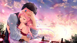 Sky couple hug pink haired - a sky free wallpaper