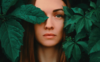 Woman hiding leaves blueeyes naturalism - facial feature free wallpaper