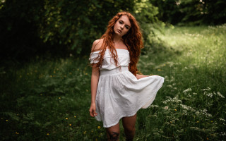 Woman white dress field bush 2 - preraphaelitism free wallpaper