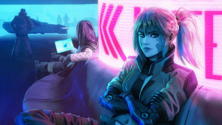 Eve ryder couch neon cyberpunk - a neon sign behind her free wallpaper