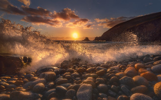 Sunset rocky beach waves formation 2 - the rock free wallpaper