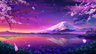 Mountain lake purple sky stars - kinkade free wallpaper