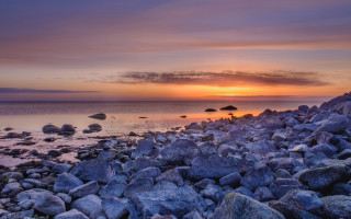 Sunset rocky beach birds clouds - the shore free wallpaper