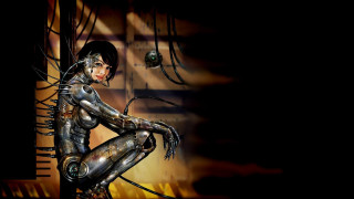 Futuristic woman cyberpunk bodysuit bench - wire free wallpaper