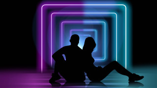 Couple neon tunnel silhouette hologram - their leg free wallpaper