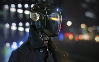 Cyberpunk man helmet gasmask city - a gas mask free wallpaper