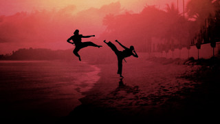 Karate duo beach sunset silhouette - fabien charuau free wallpaper