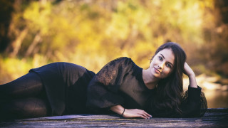 Woman black dress deck autumn - a wooden deck free wallpaper