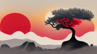 Red sun tree mountains silhouette - eyvind earle free wallpaper