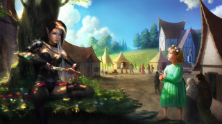 Woman green dress tree man 2 - charlie bowater free wallpaper for desktop