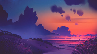Sunset beach lighthouse clouds stars - widescreen free wallpaper