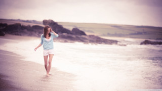 Woman walking beach cell phone - beach free wallpaper
